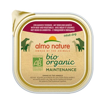 Almo Nature bio organisches Hundefutter für die Erhaltung, das Rindfleisch und Gemüse enthält, mit mehrsprachigem Text und einem Zertifizierungslogo.